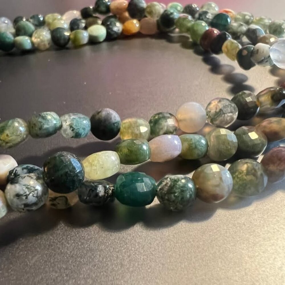 Handmade three strand moss agate necklace with silver clasp